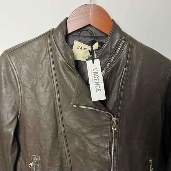 NWT L'Agence Devon Lamb Leather Stand Collar Walnut Moto Jacket Size 6 - Picture 3 of 9